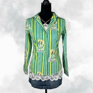 Growing Girl Vintage Cottagecore Striped Green Yellow Blue Button Up Blouse